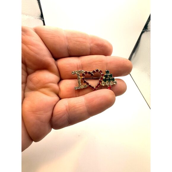 VTG Fashion Jewelry Rhinestone Brooch I Love Christmas Tree Red Green Clear Holi - Picture 3 of 5